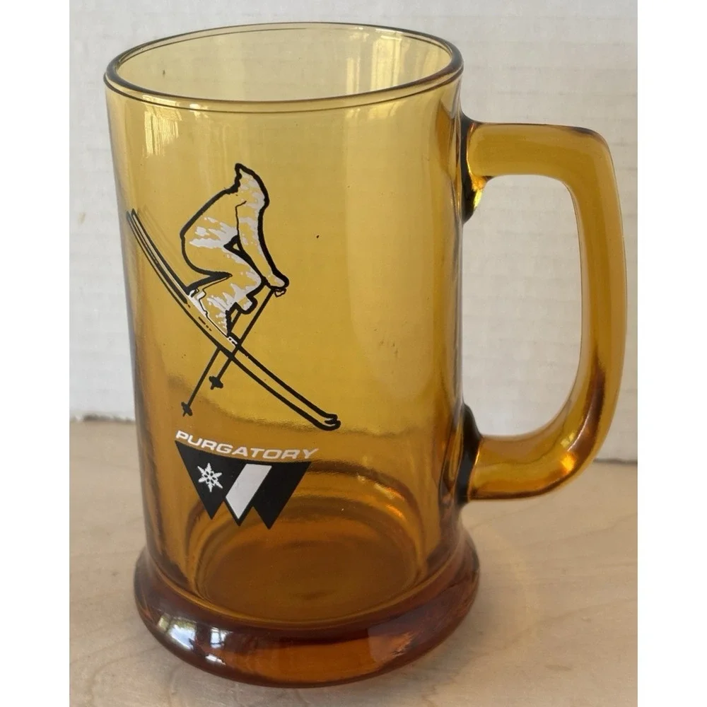 Vintage Purgatory Beer Glass Mug Amber Glass Skiier 5 1/2